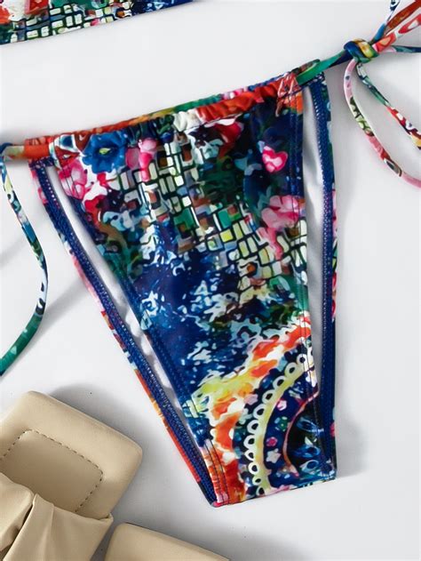 China Womens Piece Halter Bandeau Bikini Set Printed Triangle Bathing Suit Tie String Thong