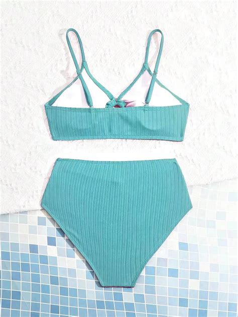 Conjunto De Bikini De Punto Acanalado De Unicolor Para Playa De
