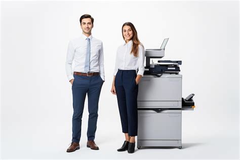 A Man And A Woman Stand In Front Of A Printer That Says The Company