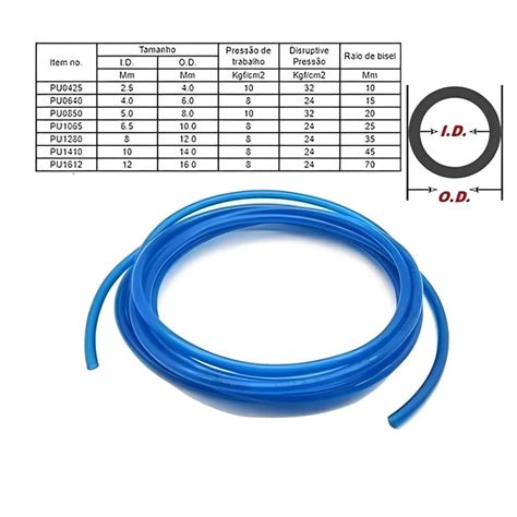 Mangueira Pneumática De Poliuretano PU Tubo 4mm Azul Loja Mecapar