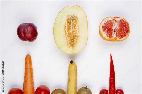 Fruits And Vegetables Symbolizing The Male Penis And Female Vagina Sex Concept Stock Photo