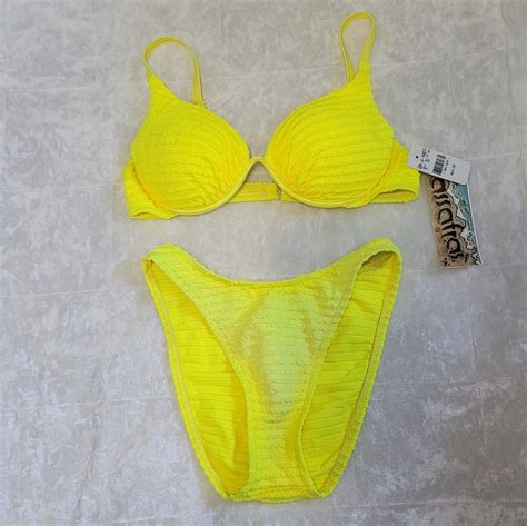 S Vintage High Leg Neon Yellow Bikini Set Gem