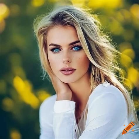 Female, white top, white jeans, blonde,beautiful estetic face on Craiyon