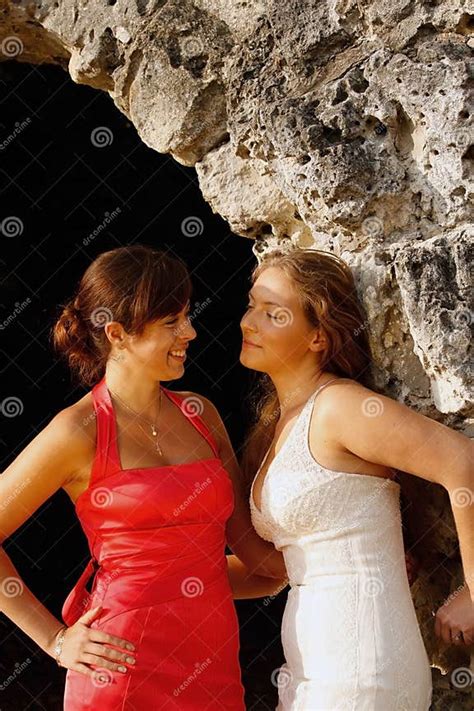 Two Girls In Dresses Looking Against Each Other Stock Image Image Of Looking Beauty 14669005