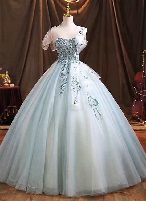 Sweet Light Blue Prom Dresses Ball Gown Tulle Sequins Short Sleeve