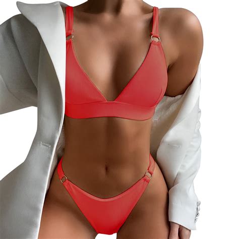 Rovga Swimwear For Women Female Ribbed Ring Bikinis Swimsuit Push Up Solid Bikini Set Summer