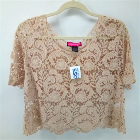 Say What Tops Nwt Say What Nude Tan Floral Lace Sheer Crop Top Cotton L Overlay Layering
