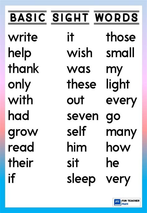 Basic Sight Words Chart Fun Teacher Files