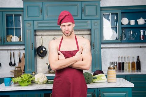 Man Attractive Nude Chef Wear Apron And Hat Muscular Chef In Front Of