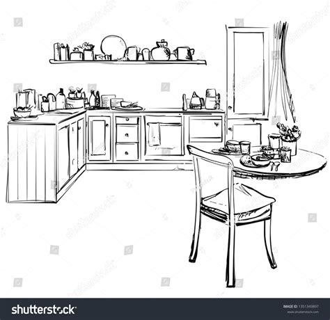 Sketch Modern Corner Kitchen Black Pencil Stock Vector Royalty Free