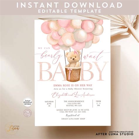 Editable Girl Teddy Bear Hot Air Balloon Bear Theme Baby Shower Invitation We Can Bearly Wait