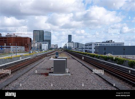 Skyscrapers Track Bed Railroad Tracks Copenhagen Denmark Stock