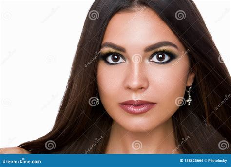 Beauty Portrait Of Nude Pretty Brunette Woman With Long Hair Evening Make Up Long Eyelashes