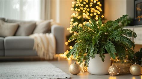 A large indoor fern plant next to a decorated Christmas tree in winter
