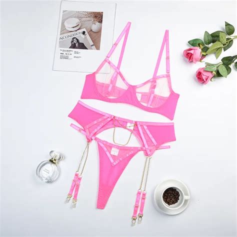 Pink Lace Female Lingerie Sets Chain Underwire Erotic Bra And Thong With Garter Fancy Bilizna