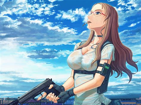 Wallpaper Illustration Gun Long Hair Anime Girls Blue Eyes