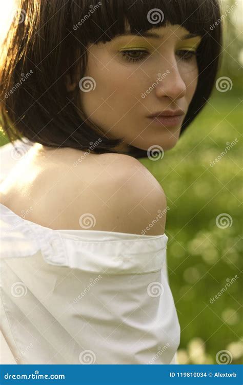 Art Style Close Up Photo Of A Girl With Naked Shoulder Wearing A Stock Photo Image Of Bloomers
