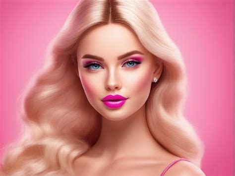 Premium AI Image Cute Blonde Girl Doll Style In Fashion Pink Dress Studio Pink Pastel Background