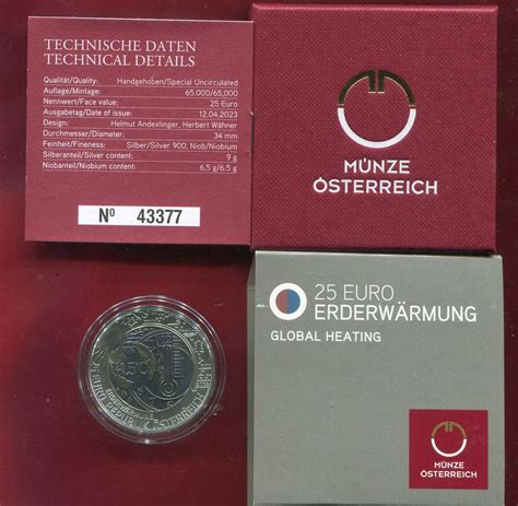 Österreich Austria 25 Euro Niobium 2023 Niob Erderwärmung Bimetall