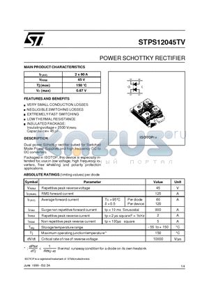 STPS12045TV Datasheet POWER SCHOTTKY RECTIFIER STPS12045TV Pdf By