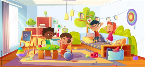 Kids Playing In Room Children In Home Kindergarten Nursery Or Day