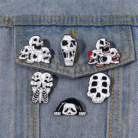 Death Skull Enamel Pins Custom Black Skeleton Brooches Lapel Badges