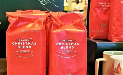 Red Bags Of Christmas Blend Ground Coffee For Sale At The Coffee Stand