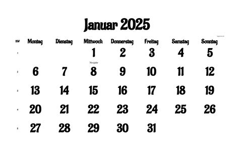 Kalender Januar 2025 zum Ausdrucken (PDF, XLS, PNG)