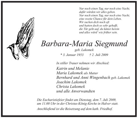 Traueranzeigen Von Barbara Maria Siegmund Trauer In NRW De