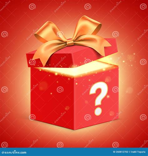 Red Gift Box With Question Mark, Golden Ribbon And Glitter Light