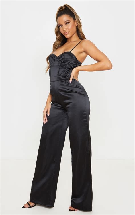 Black Satin Corset Strappy Jumpsuit Prettylittlething Ca