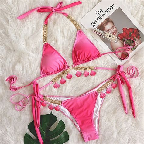 Bikini Rosa Con Diamantes De Imitaci N Para Mujer Traje De Ba O Sexy