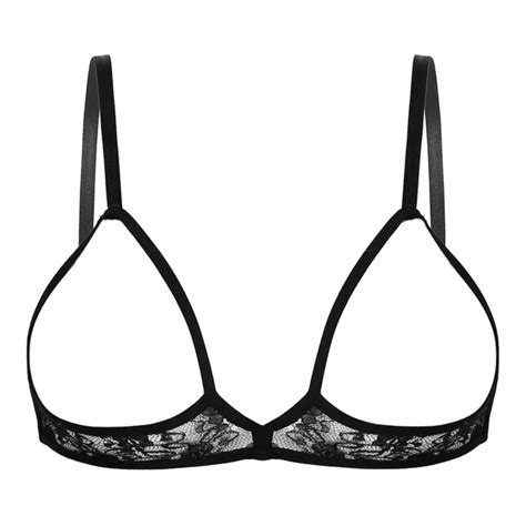 Womens See Through Sheer Lace Lingerie Adjustable Spaghetti Shoulder Straps Open Cups Bra Top