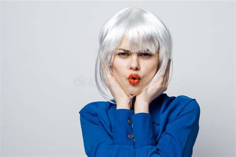 Pretty Blonde Red Lips Emotions Hands Near Face Cropped View Isolated Background Stock Image