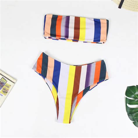 Women Stripe Bikini Set Push Up Brazilian Swimwear Beachwear Swimsuit Bandeau Bikinis Mujer