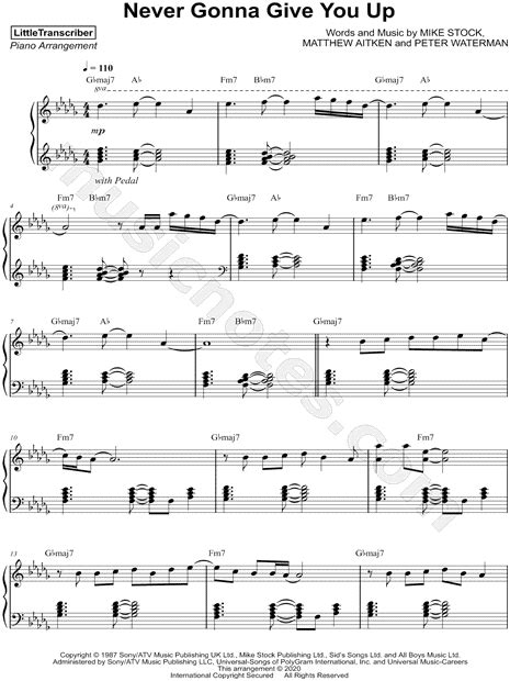 Littletranscriber Never Gonna Give You Up Sheet Music Piano Solo In Db Major Download