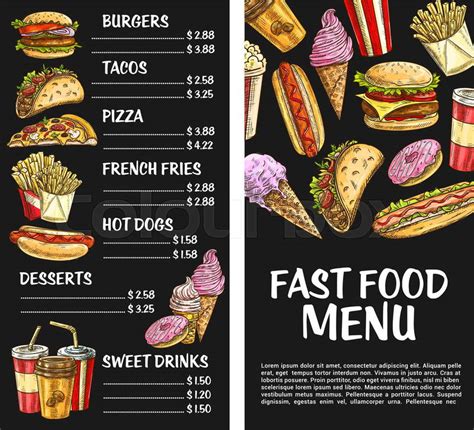 Fast Food Menu Template Vector Price Set For Fastfood Meals And Burger