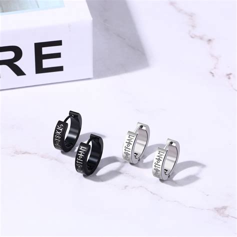 Pairs Norse Viking Runes Hoop Huggie Earring Mens Stainless Steel