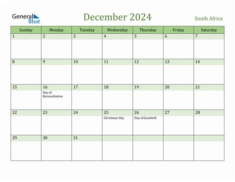 Fillable Holiday Calendar for South Africa - December 2024