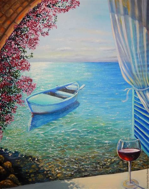 Картина "Вечер у моря( бирюзовая лодка)", холст , масло – заказать на ...