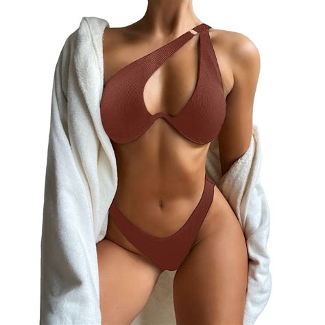 GWAABD Womens Bathing Suit Two Piece Split Swimsuit One Shoulder Bikini Sets Solid Color Low