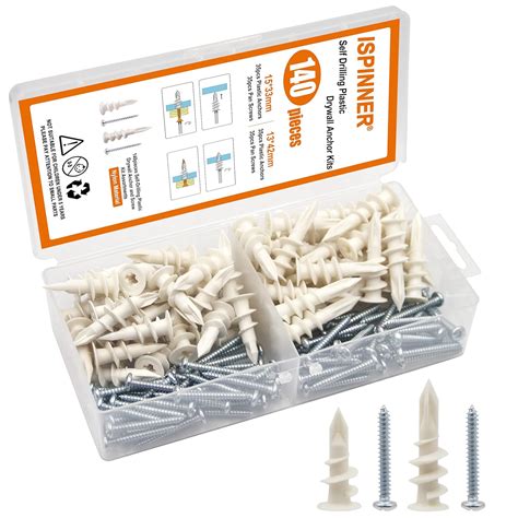 Ispinner 140pcs Plastic Drywall Anchors Self Drilling Hollow Wall Anchors With Screws Assortment