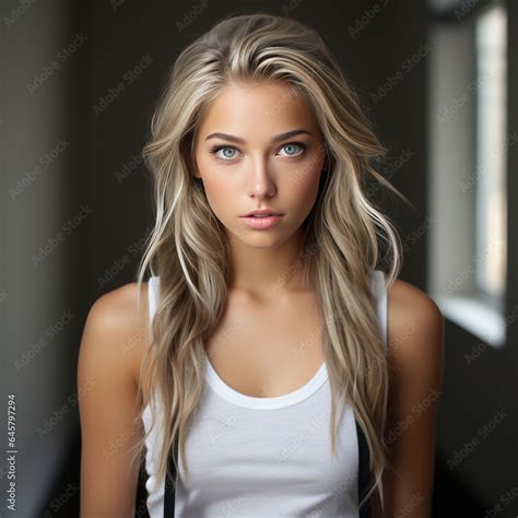 Wunderschöne bezaubernde Frau blonde lange Haare sinnlicher Blick Model Stock Photo Adobe Stock