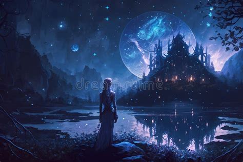 Magic Fairy Tale Night Fantasy Landscape With Girl Silhouette Neural