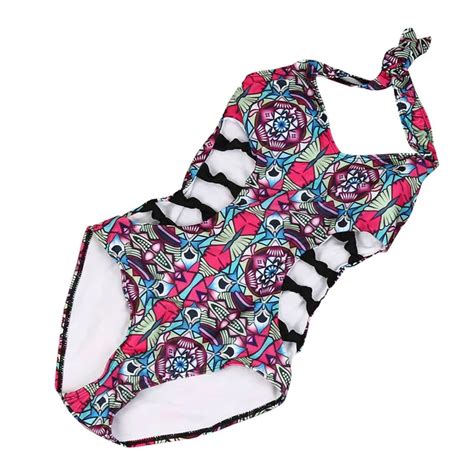 Colorful Flower Women Swim Bikini One Piece Hang Neck Monokini Swimsuit
