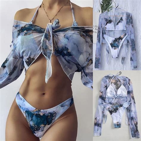 Tie Dye Print Three Pieces Swimsuit Female Sexy Mesh Bikini 2022 Long Sleeve Swimwear Women Knot