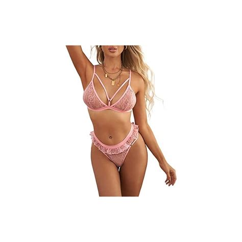 Rosvajfy Donna Set Lingerie Sexy In Pizzo Trasparente Pezzi Reggiseno E Mutandine Volant