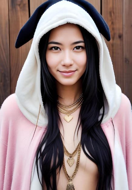 Beautiful Asian Woman With Long Black Hair Wearing Pink Coat And Black