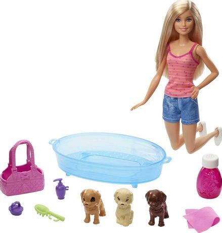Coffret Barbie et le Bain des Chiots avec Poupée Barbie Blonde Chiots Baignoire et