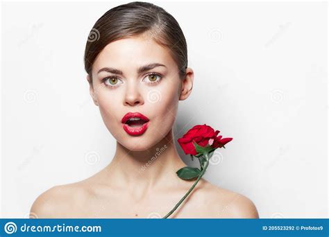 Model Naked Shoulders Red Lips Charm Rose Luxury Clear Skin Stock Photo